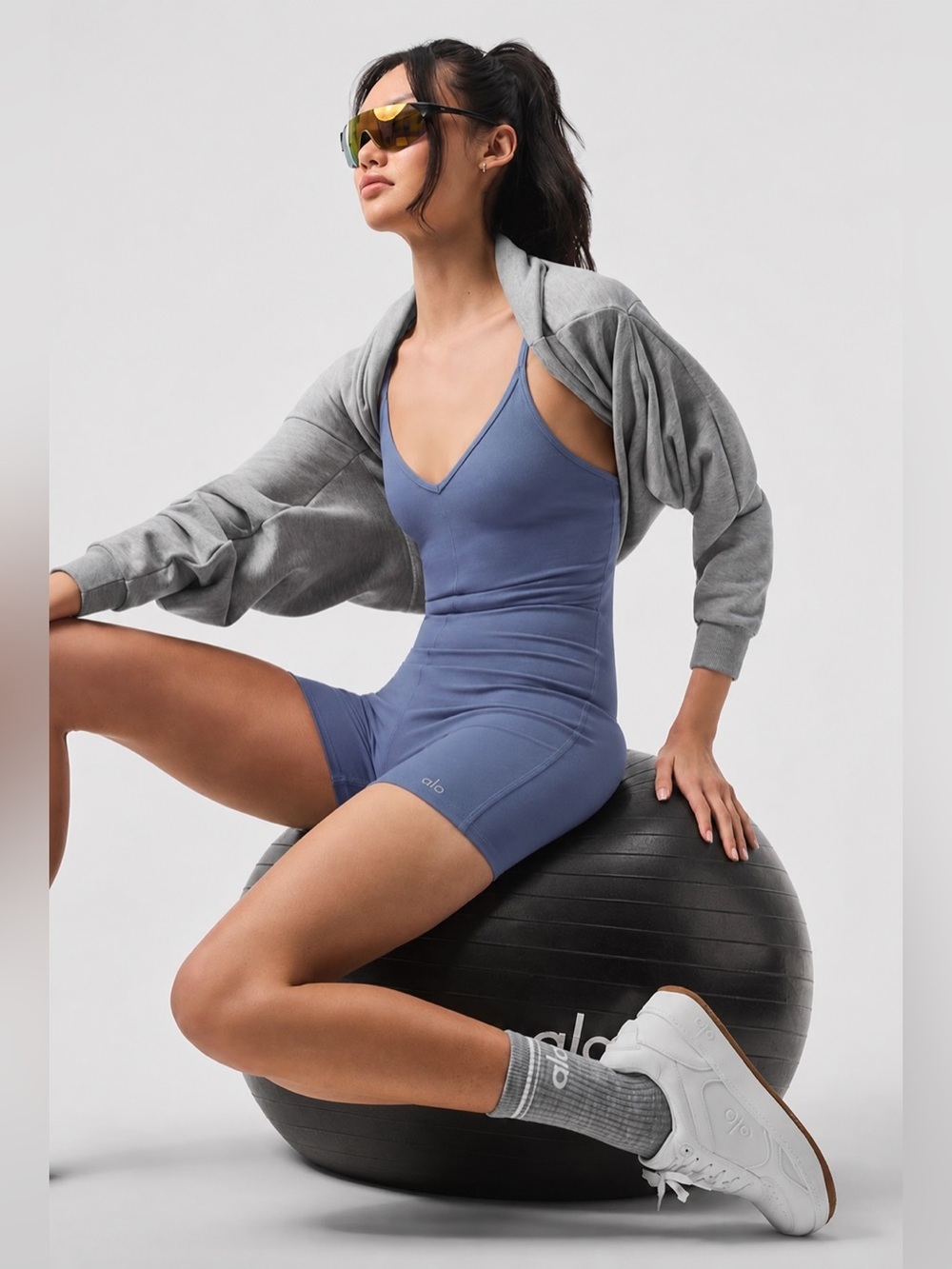 Alo Yoga Alosoft Suns Out Onesie Blue Gray Biker Romper M